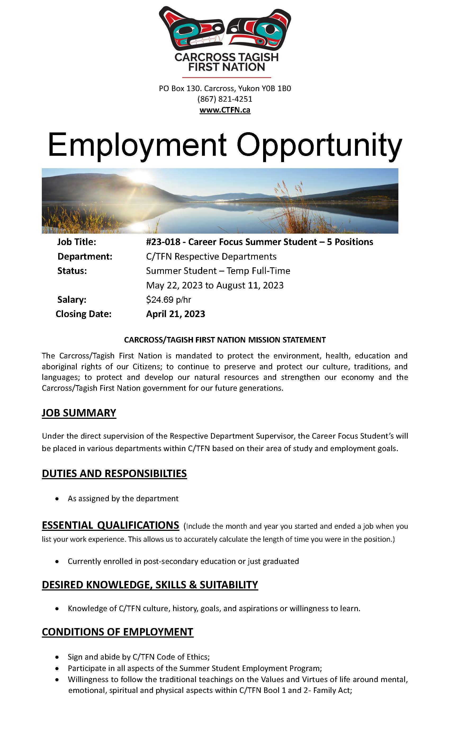 Career Focus Summer Students - 5 Positions – Carcross/Tagish First Nation